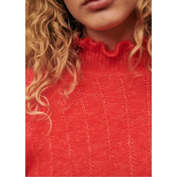 SEZANE Bright Red Mohair Merino Wool Knit Ruffle High Neck Sweater Loris Jumper - Picture 2 of 15